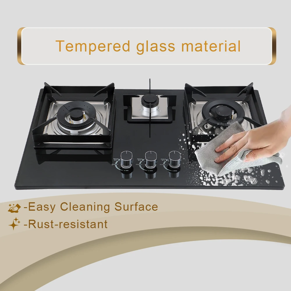 3 Burners Gas Stove Cooktop Glass Top Built-in Gas Burner Hob Propane Gas Cooktop