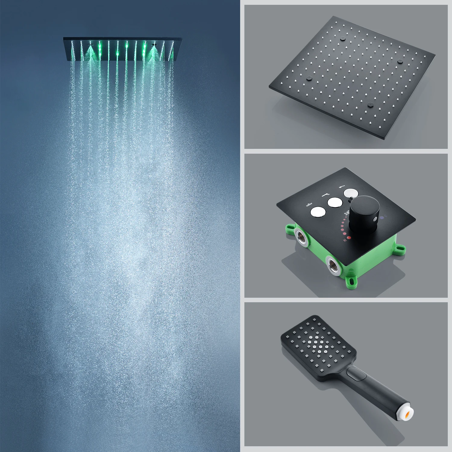 16' Matte Black Shower Set Ceiling Mounted Rain Mist Showerhead Water Power LED Lights Bathroom Thermostatic Bath