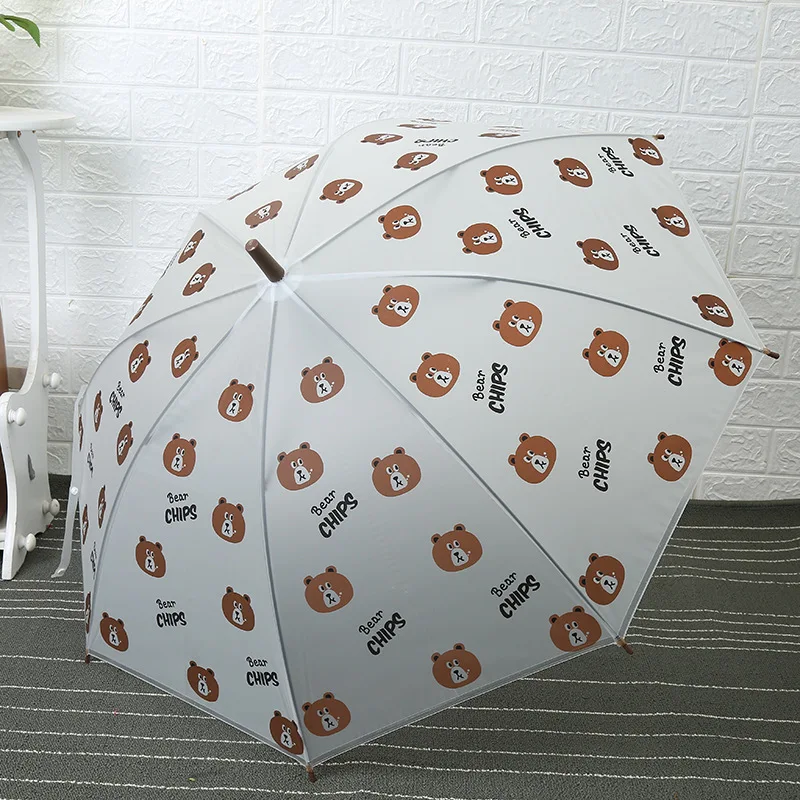 Kids Windproof Clear White Rainy Umbrella Fruit Animal Print Stick Shaft Long Straight Children Transparent Umbrellas