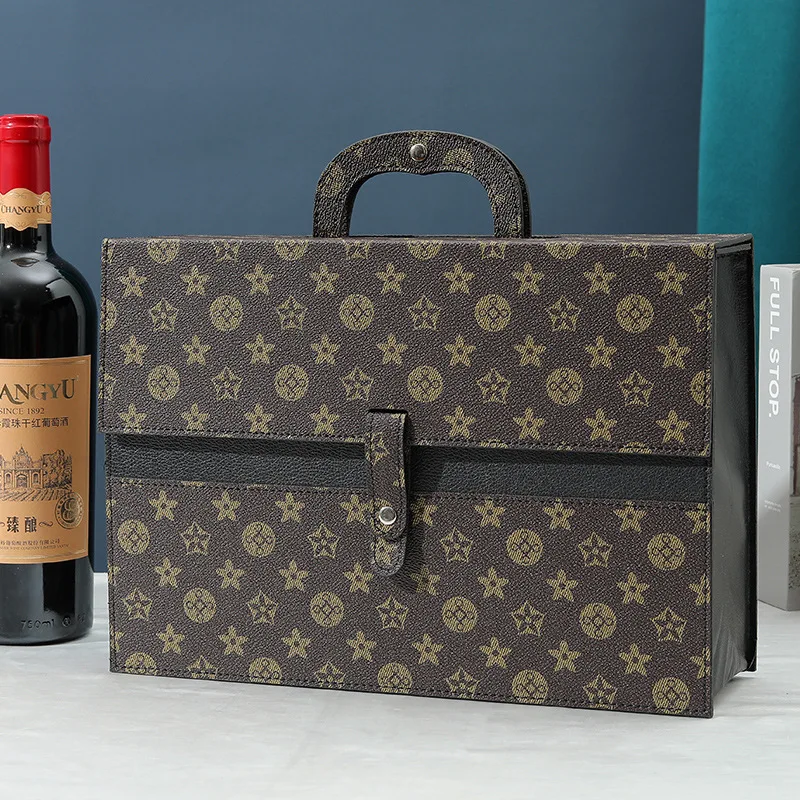 Luxury Custom LOGO Red Wine Portable Packaging Gift Box Leather New Wine Box With Handle Gift Wine Wood Box Portable