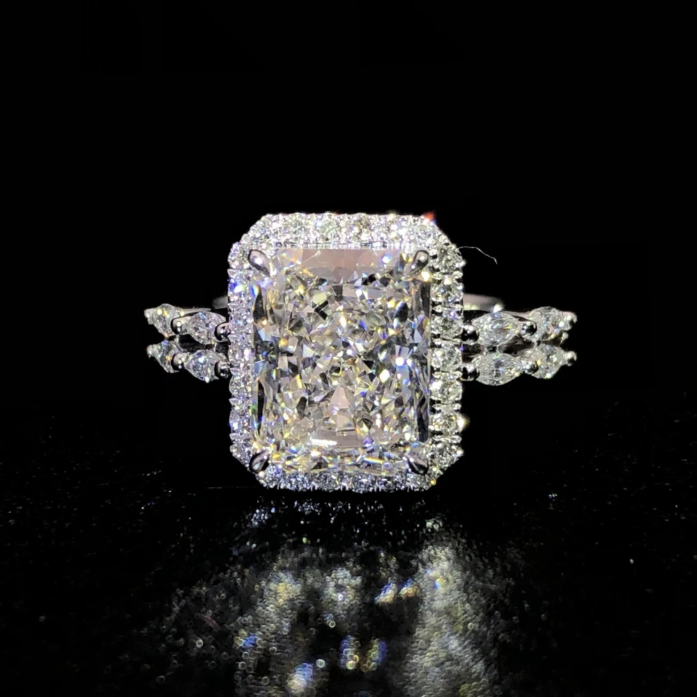 Factory Custom Women S925 Silver 9K 10K 14K 18K Solid Filled Gold D VVS Radiant cut Moissanite Diamond Engagement Halo Ring