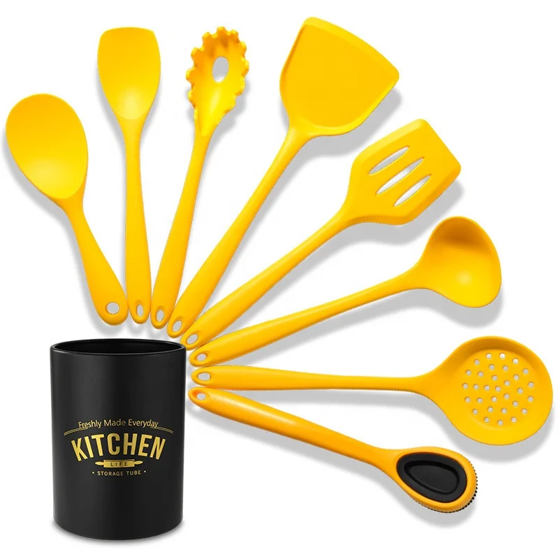 9 Piece Yellow Silicone Cooking Tools Accessories Kitchen Ware Non Stick Cookware Set Kitchen Utensils with Storage Bucket