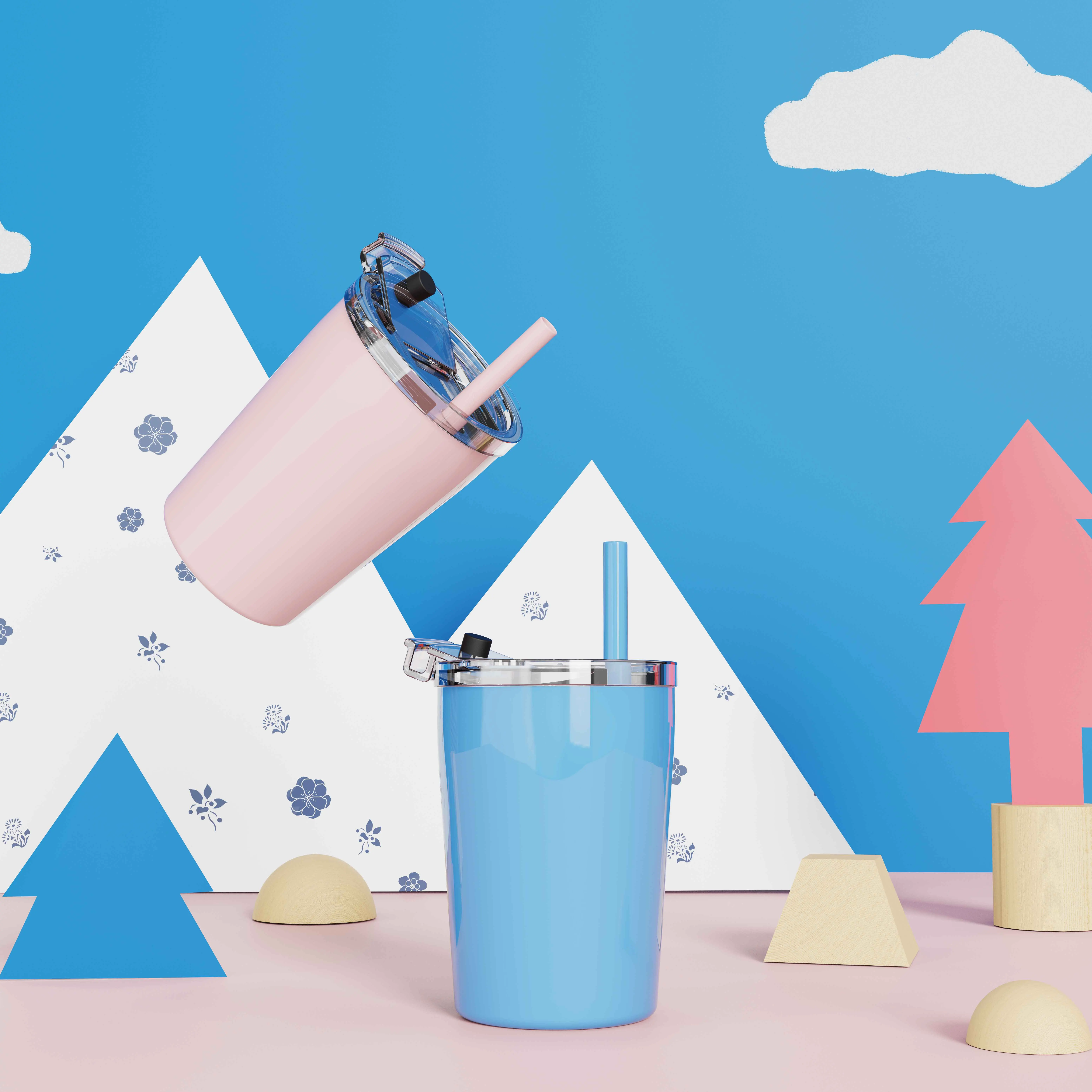 New Arrived Kids Stainless Steel Cup Lovely Small 12OZ Tumbler Sippy Cup with Lid and Straw