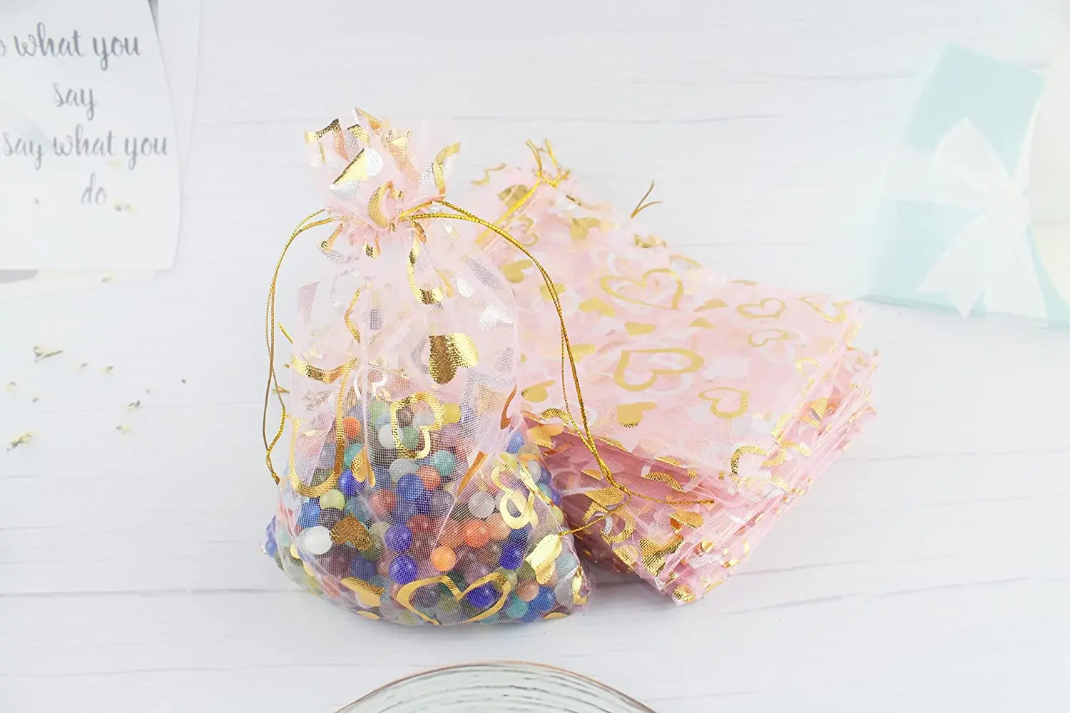 Factory direct sales Inches Heart Printed Red Organza Jewelry Pouch Organza Drawstring Pouches Wedding Favors Candy Gift bags