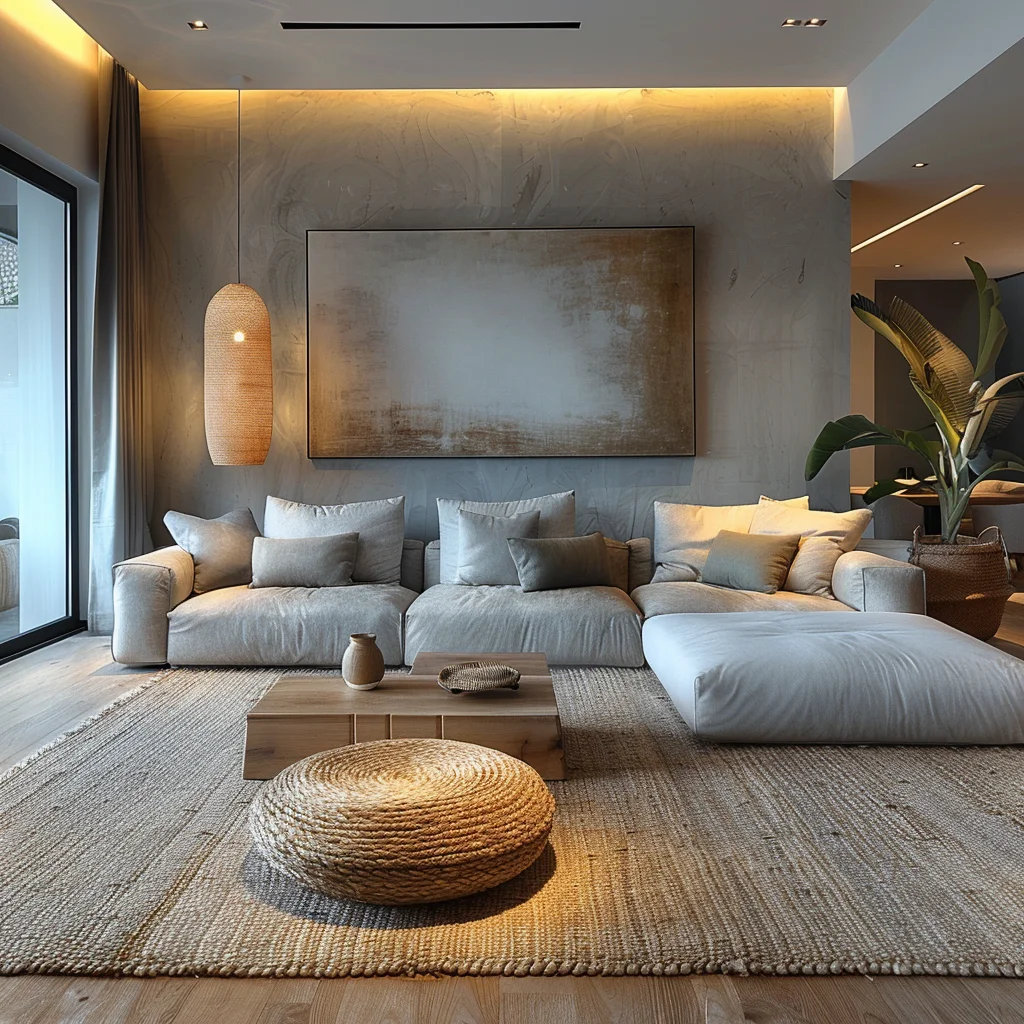 2024 AI Creative Concept Design Minimalist Small Living Room Space Design Beige Design High Quality Texture 3D Rendering Service