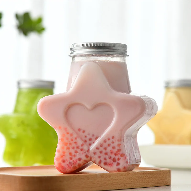 Cute Star Shape Pet Bottle for Cold Drink With Aluminum Cap Juice Plastic 250ml 350ml 500ml Food Cartons Screen Printing
