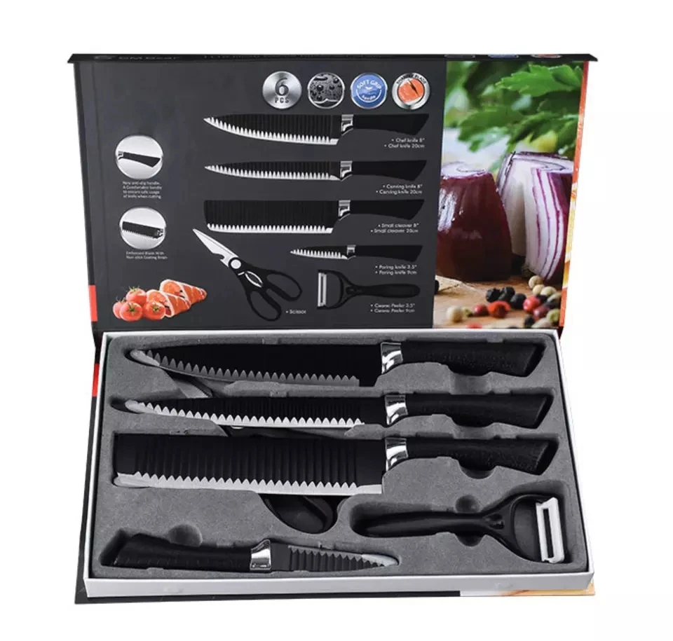 Promotion professional tools chef bread slicing knife kitchen scissor vegetable fruit peeler 6pcs kitchen knife set