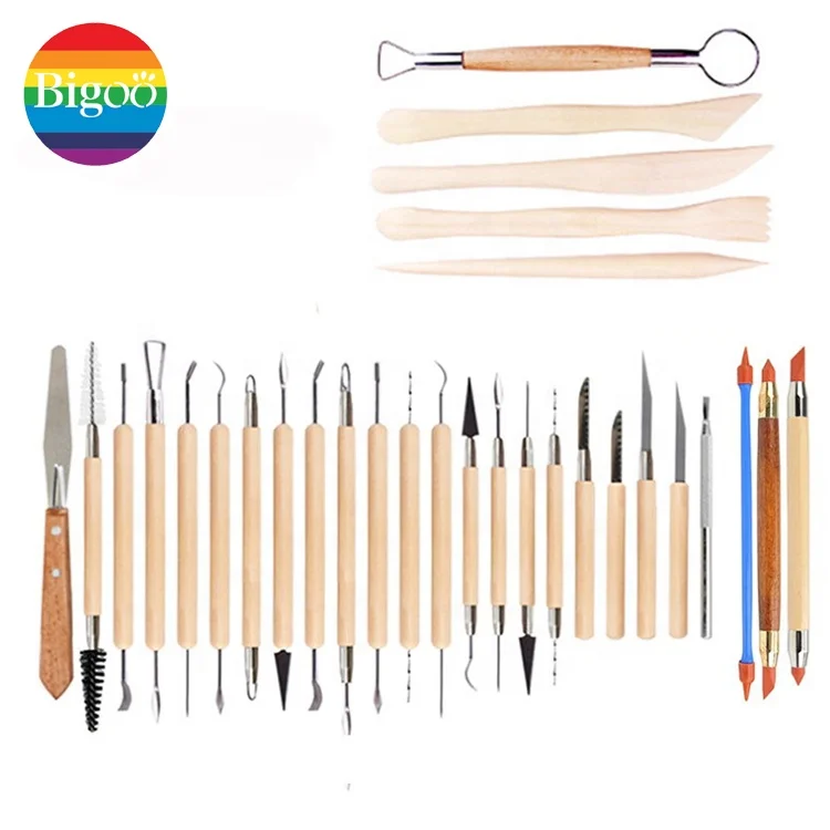 Hot Sale Set of 30pcs Wooden Handle Clay Sculpting Tools Pottery Carving DIY Modeling Tool Set in Fabric Storage Bag