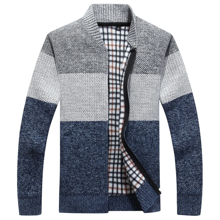 2021 Winter Fashion O Neck Long Sleeve Grey Color Block Zip Up Mens Cardigan Sweater For Men