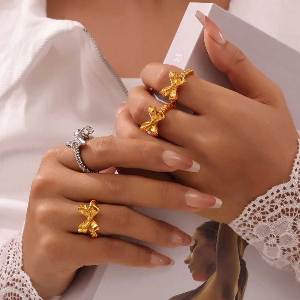 Fashion simple personality bow design sense geometric hemp wreath stainless steel gold plated ring