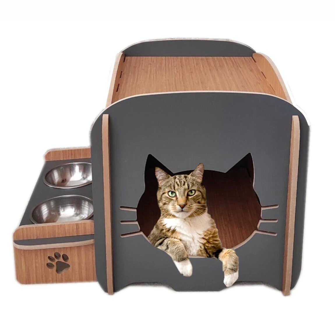 Small Animal Kitty Cat Dog Pet Houses Decorative Wooden Indoor Cat House With Two Feeding Pots