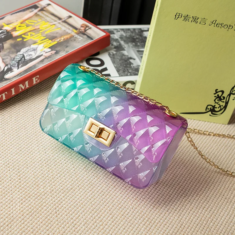 EM612 Hot 2022 PVC Rainbow Rhomboid Pattern Transparent Shoulder Bag Color Small Jelly Ladies Bags Beach Handbags For Women