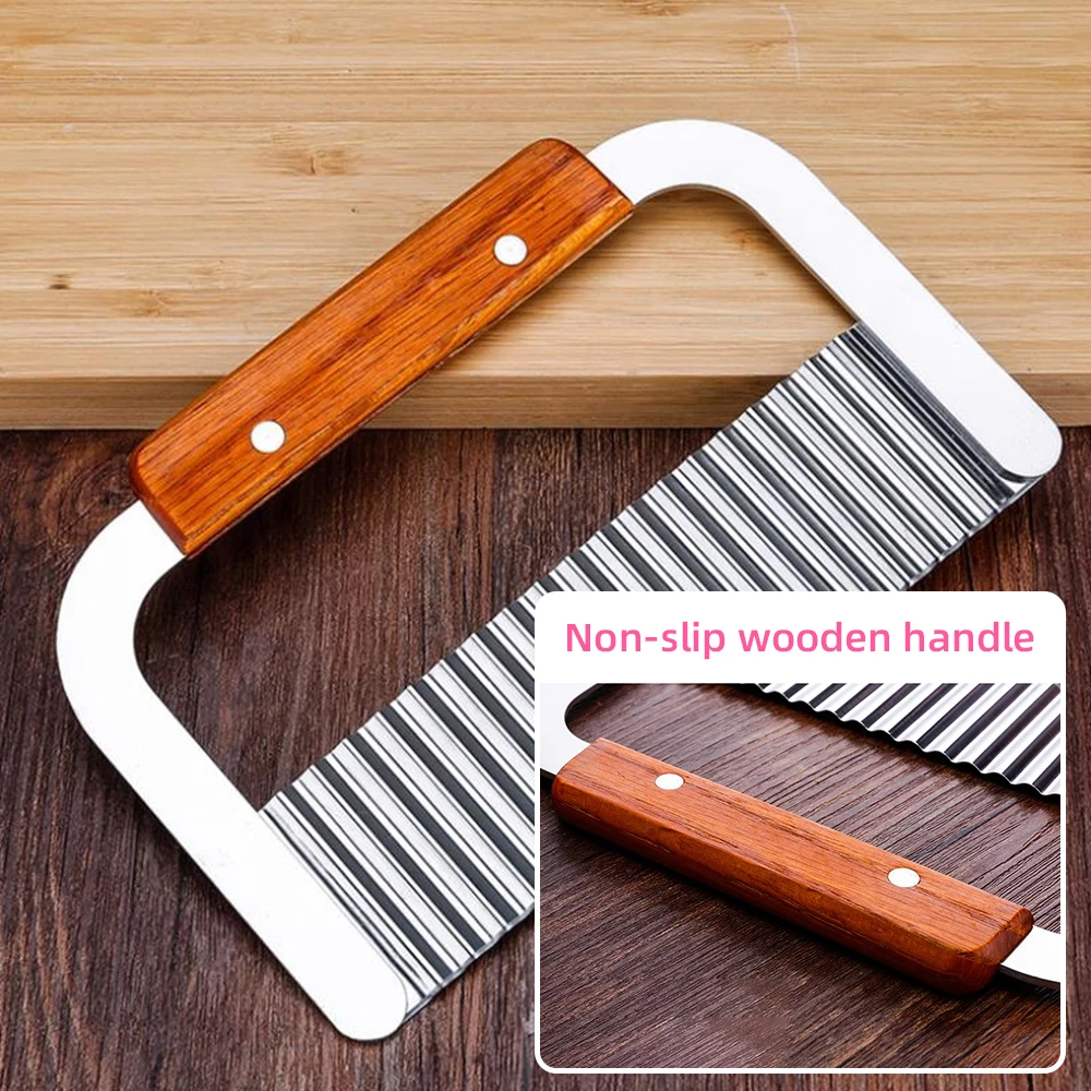 Kitchen multifunctional wood handle manual stainless steel wave vegetable fruit strip chip crinkle french fry potato cutter