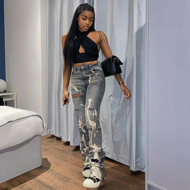 Best Seller Camouflage Print  Xs Size Clothing High Waist Distressed Ripped Denim Stacked Jeans Women Pants