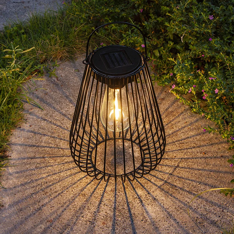 ST64 Bulbs Warm White LED Black Metal Wire Lantern Solar Garden Light Outdoor