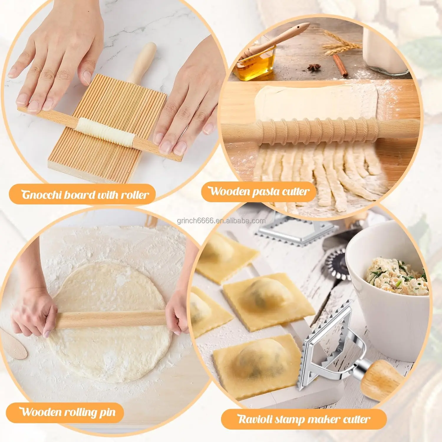 Pasta Making Tool Set Include 1 Wooden Cutter 1 Rolling Pin 1 Gnocchi Board Wood with Roller 3 Ravioli Stamp Maker Cutter
