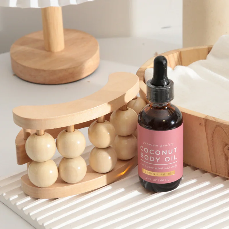 Coconut Oil and Wooden Massage Roller Set Relaxation Lymphatic Massage Kit with Coconut Oil Deep Tissue Wooden Massager