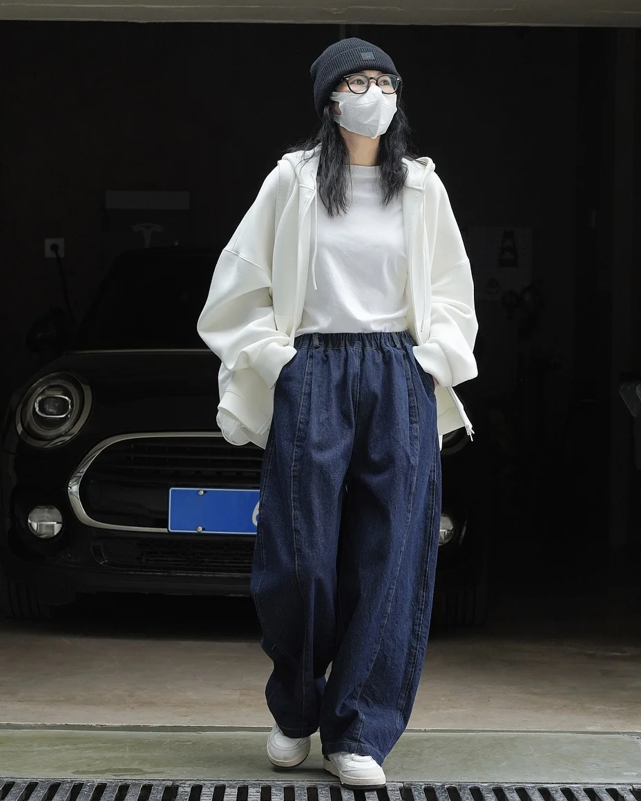 Autumn New Korean Version Japanese Casual Curved High Waist Wide Leg Jeans for Women Denim Slimming Pants Pockets Decoration