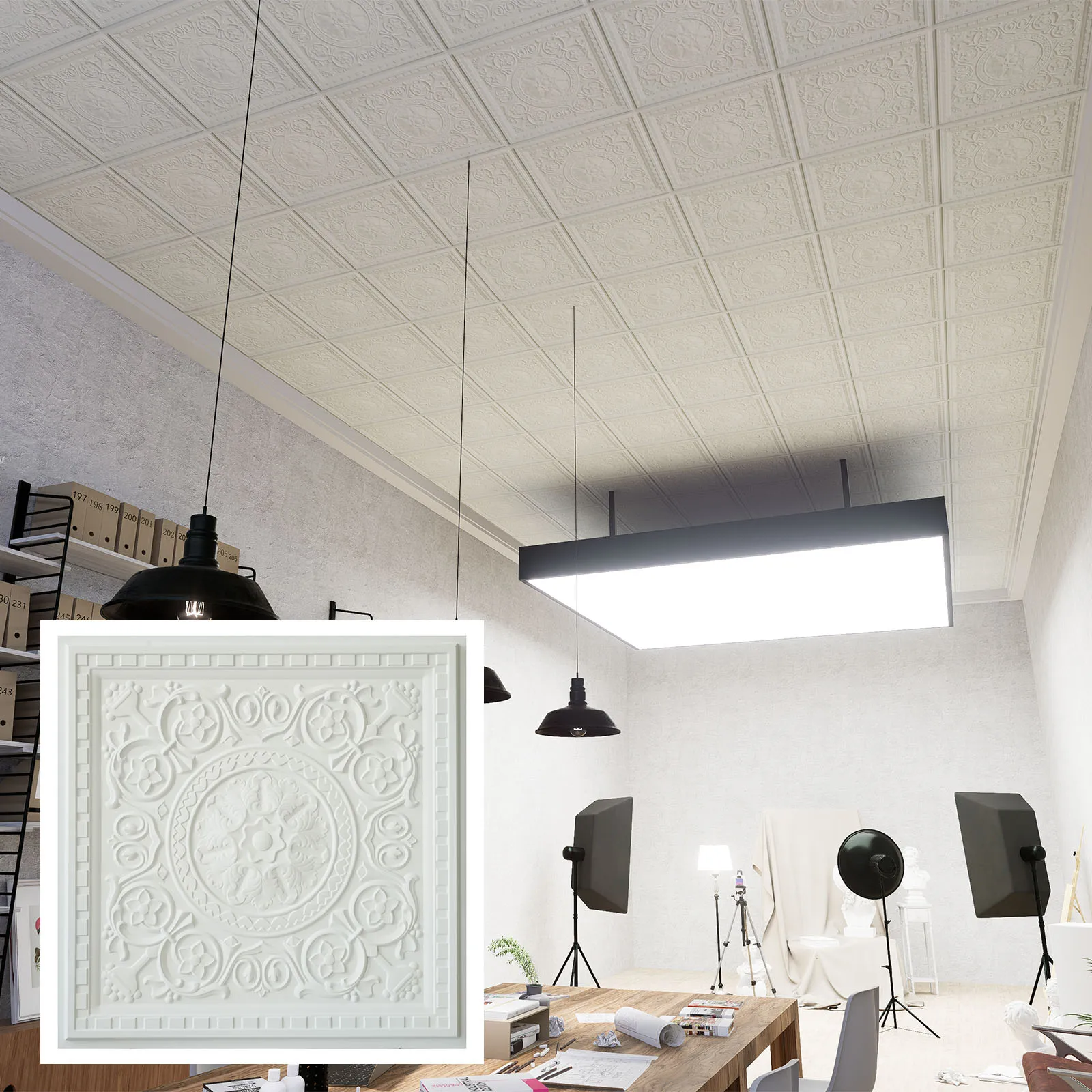 Chalk painted ceiling tiles, Embossed wall panels, for Flower Boutique PL83