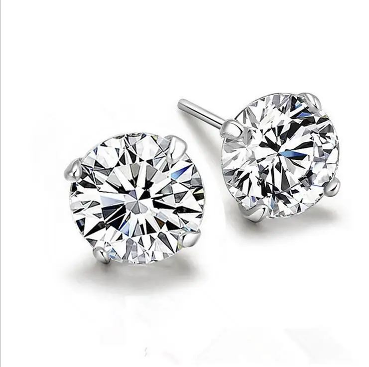 12 Month Birthstone April White S925 jewelry Solid Silver Round Shape Gemstone 925 Sterling Silver Zircon Stud Earring