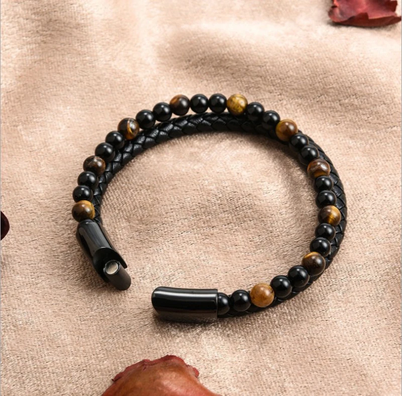 Top Selling Fashionable Friendship Braided Leather Tiger Eye Natural Stone Bead Bracelet For Men