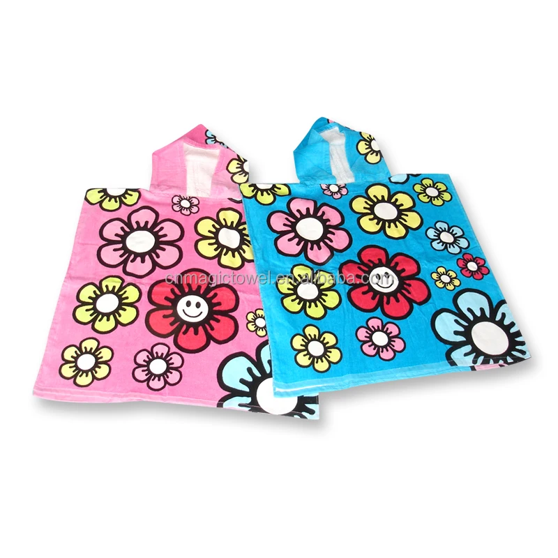 100% cotton custom flower design active soft printing baby kids poncho hooded beach towels for children