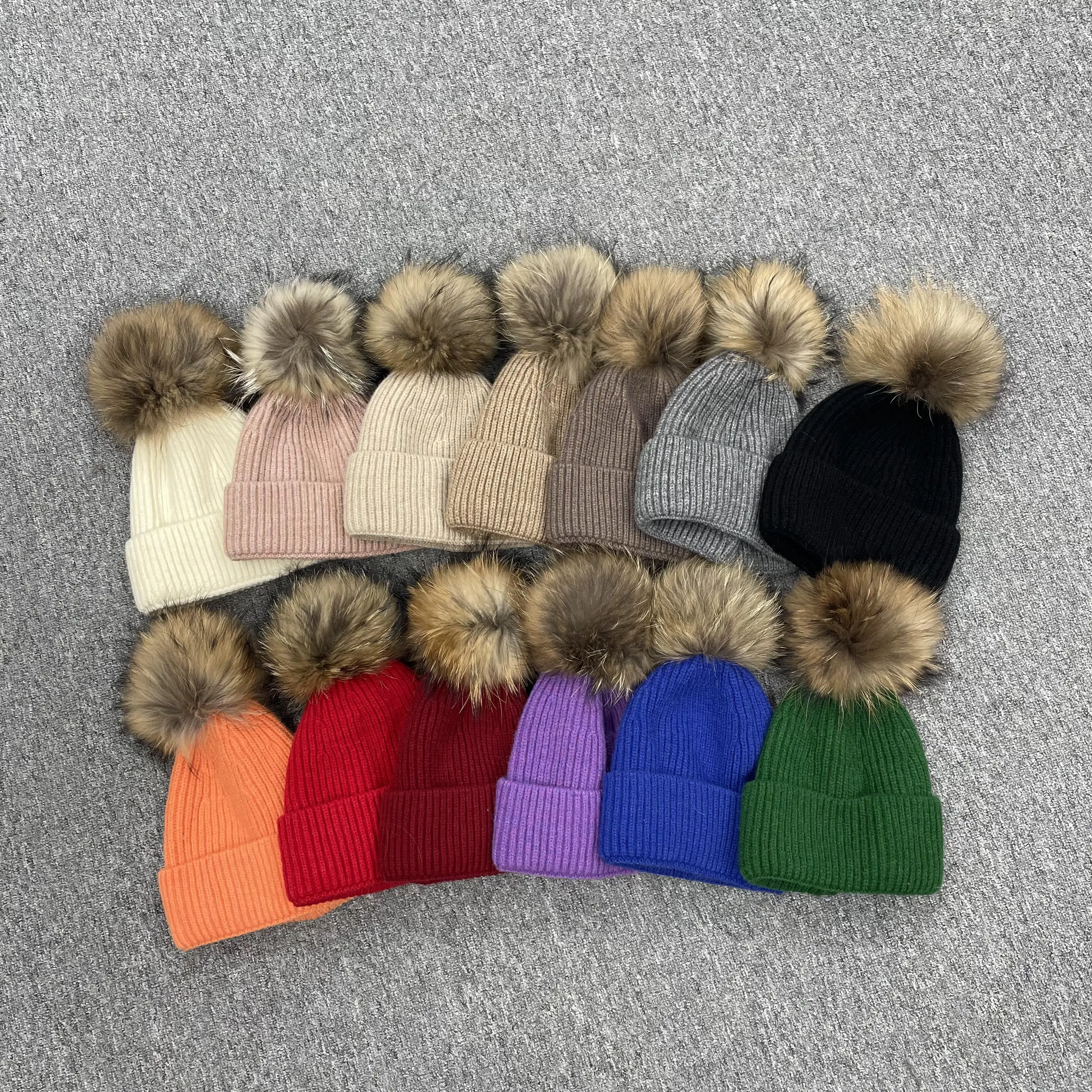 Soft Wool Warm Winter Real Raccoon Fur Pom Pom Hats For Women