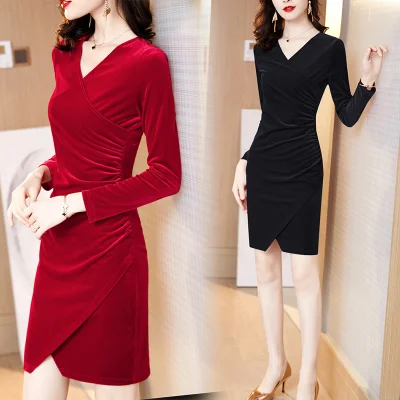 Black gold velvet dress autumn 2020 new female long-sleeved V-neck thin package hip split skirt party dress