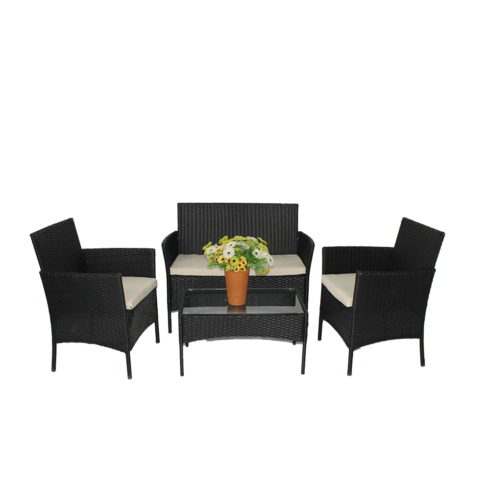 Заводская поставка, черный цвет, 4 шт., набор PE плетеных диванов из ротанга, уличная мебель, садовый Плетеный набор из ротанга, стальная труба