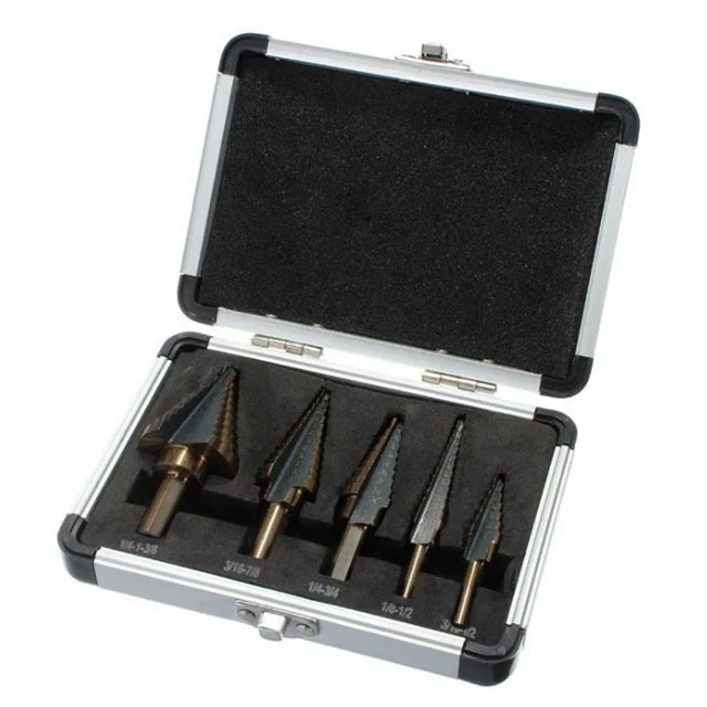 High Quality 5PCS HSS Multiple Hole Inch Size Step Drill Bit Set with Aluminium Case
