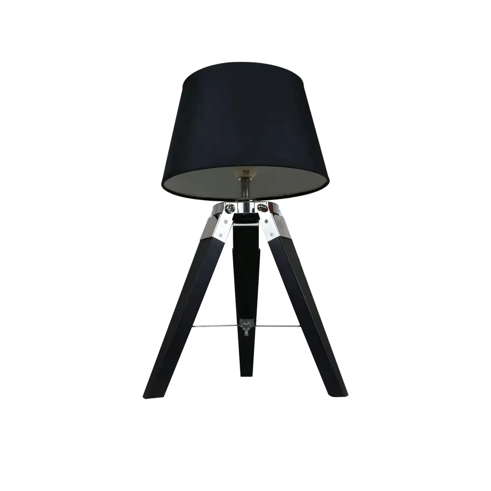 Decorative Bedside Table Lamp with Wood Tripod Base in Black