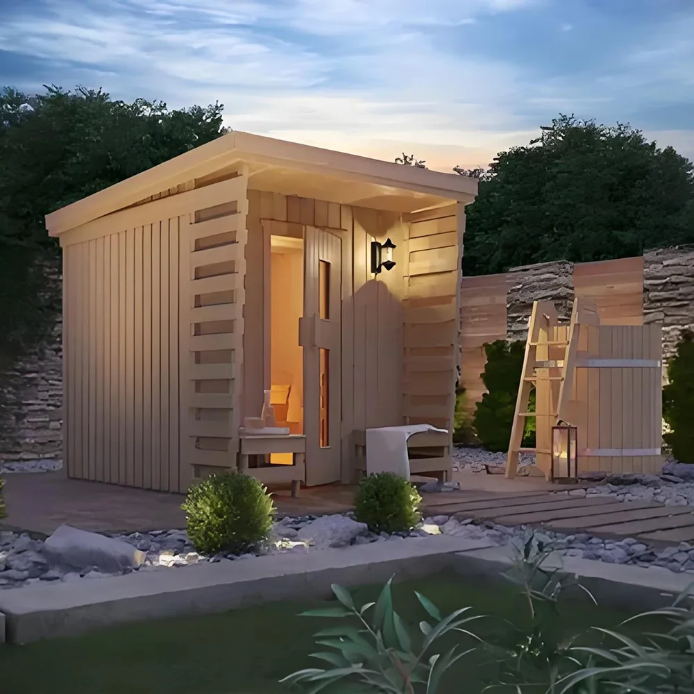Wood Sauna Square Room Outdoor Traditional Steam Sauna For 4 People Garden Custom Hot Panoramic Solid Wood Sauna
