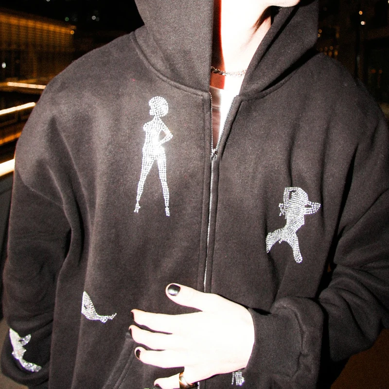 Gothic Y2K Rhinestone Graphic Jacket  Zip-up Hoodie Korean Streetwear Grunge Hip Hop Long Sleeve Top Sweatshirt Outerwear