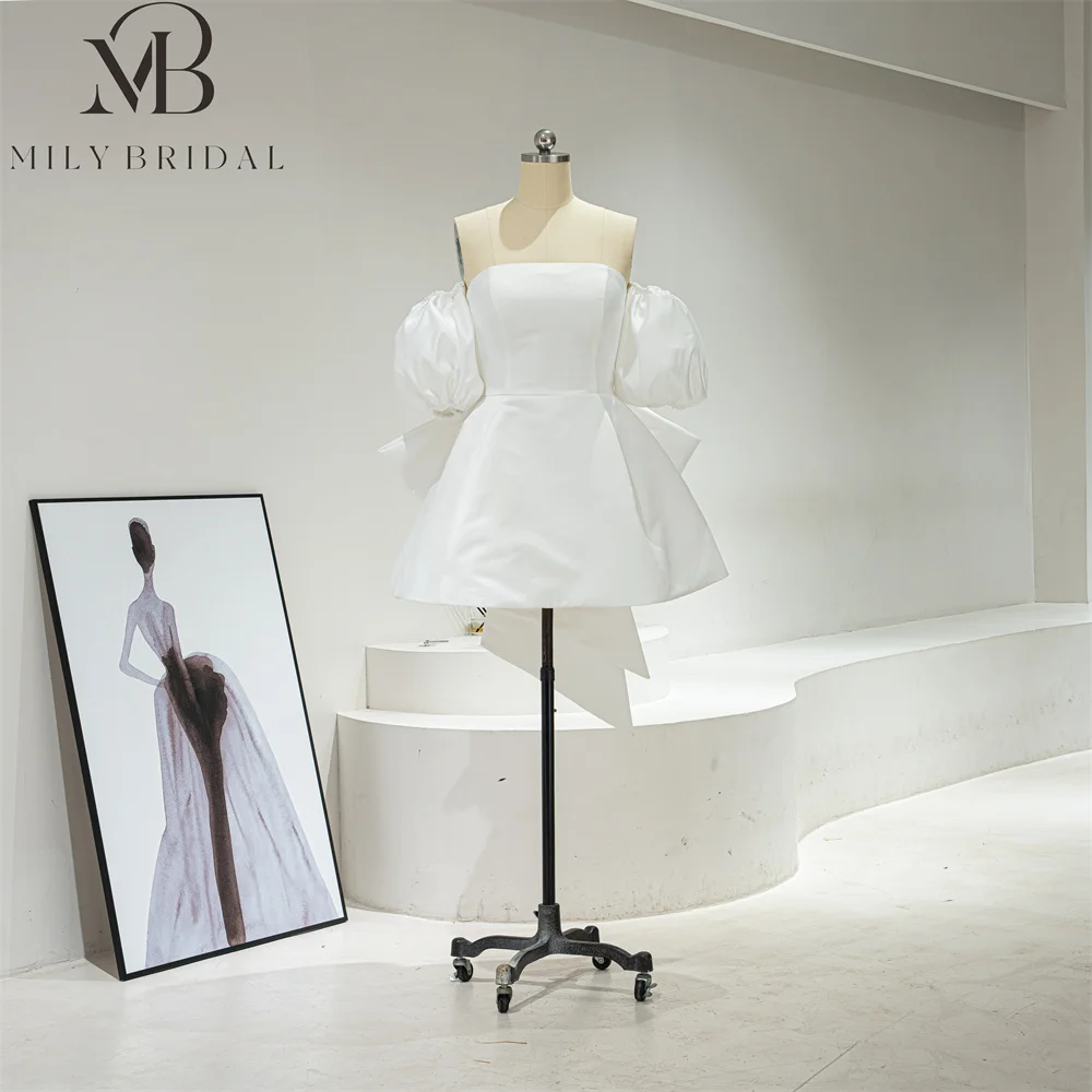 Mily Bridal QD06339 съемное Короткое свадебное платье с большим бантом и пышными короткими рукавами на молнии сзади