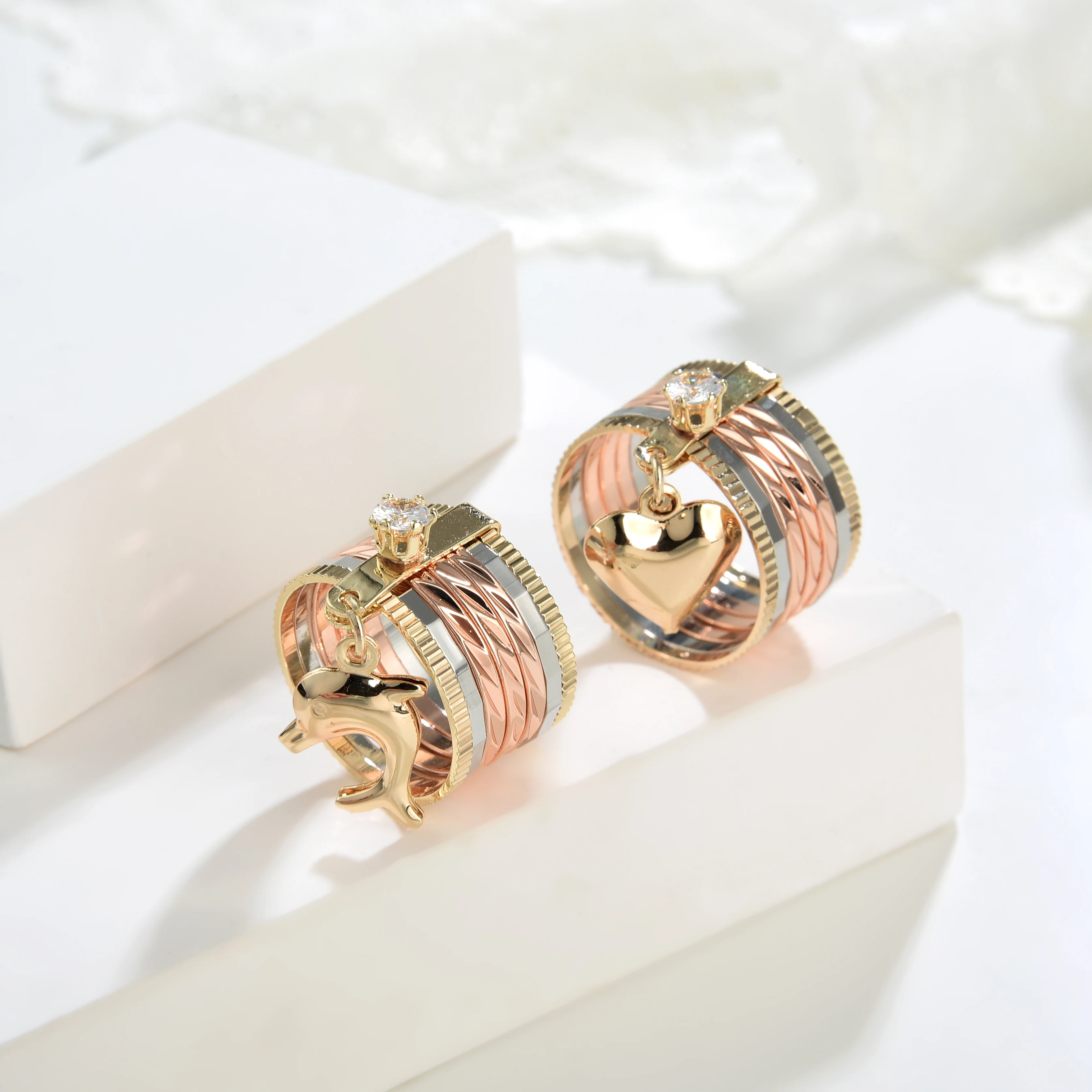 Elfic Hot Sale Jewelry Diamond Ring Gold Plated 14k Dolphin Heart Ring 7 Days Oro Laminado Anillo Joyeria Por Mayor Rings Women