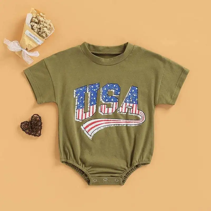 Fashion Newborn Baby Boys Girls Independence Day Romper 0-24M Letter Printed Short Sleeve Sweatshirt Jumpsuits