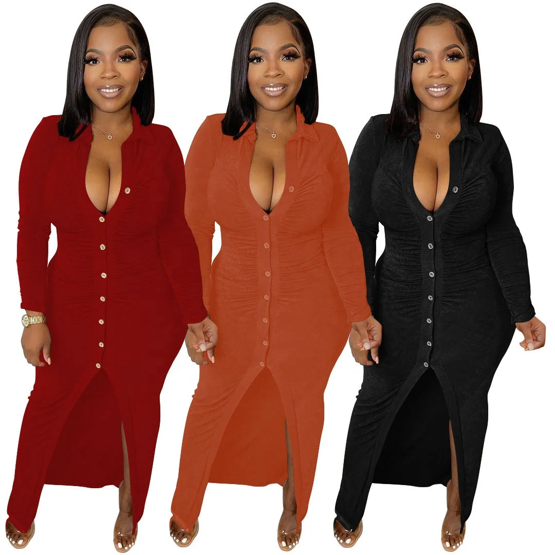 QC-M6579 New fashion pleated single button long dresses women lady elegant bodycon maxi velvet woman fall dress