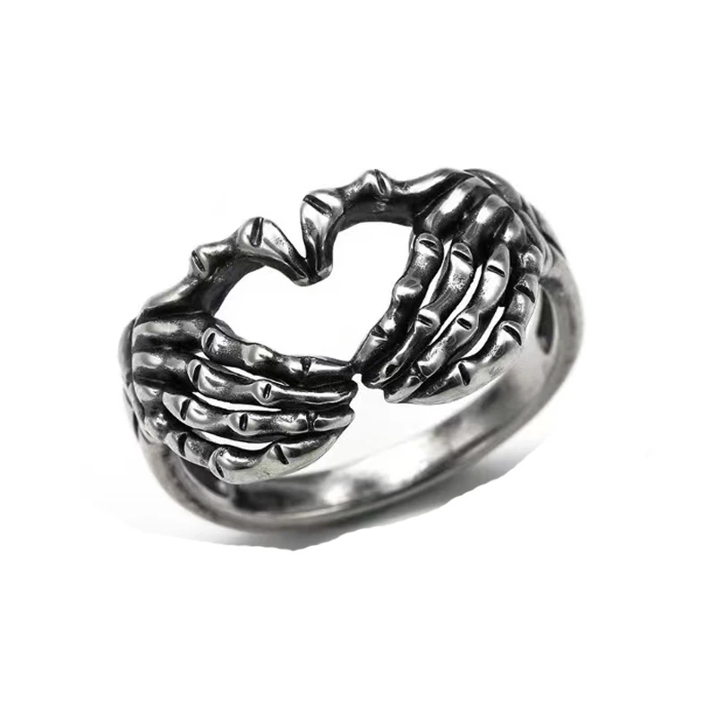 New Creative Retro Stainless Steel Skeleton Skull Heart Shape Punk Rock Gothic Biker Middle Finger Rings Men Women