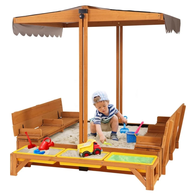 Backyard Chair Bench Seat Outdoor Sandbox Furniture Kids Wooden Sand Pit Square Seated Play Sandpit with Lid Cover 3 Toy Bins