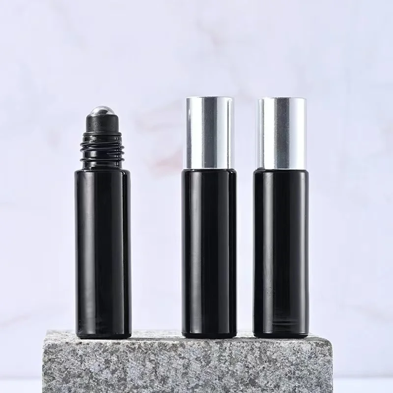 Cosmetic Packaging 10ml Black Porcelain Rose Gold Cover Black Ceramic Roller Bottles For Essential Oils