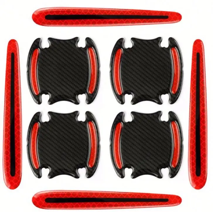 1Set 8 Pieces Carbon Fiber Car Door Handle Guard Anti Scratch Sticker Safety Warning Mark High Reflective Tape