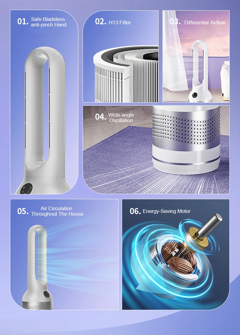 DC Motor Bladeless Fan with Air Purifier Warm and Cold Wind HEPA Cooling Fan Heater  Portable 2 in1 Fan