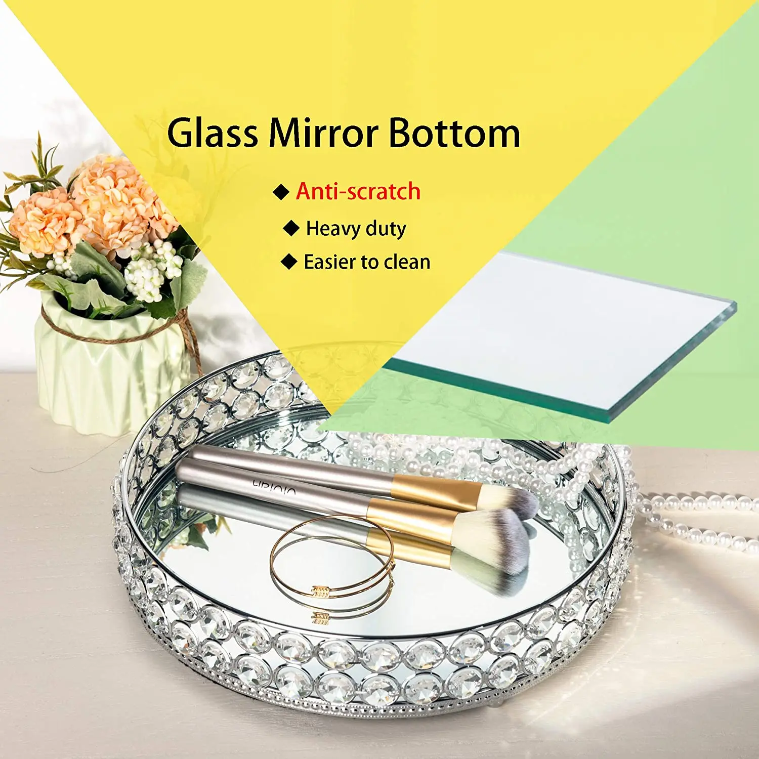 Perfume Skin Care Organizer Crystal Cosmetic Rectangle Vanity Tray Makeup Jewelry Trinket Organizer Mirror Decorative Tray