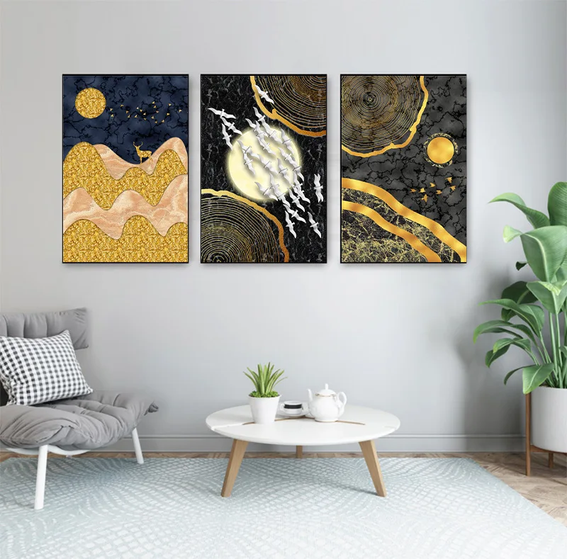 Porch decoration villa living room light luxury golden aluminum alloy painted wall canvas painting office