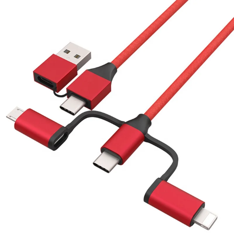 New 6 in 1 mobile Cable Fast Charging Micro Type C Lighting Nylon braided 3ft/6ft/10/ft OD 4.0mm PD usb cable red