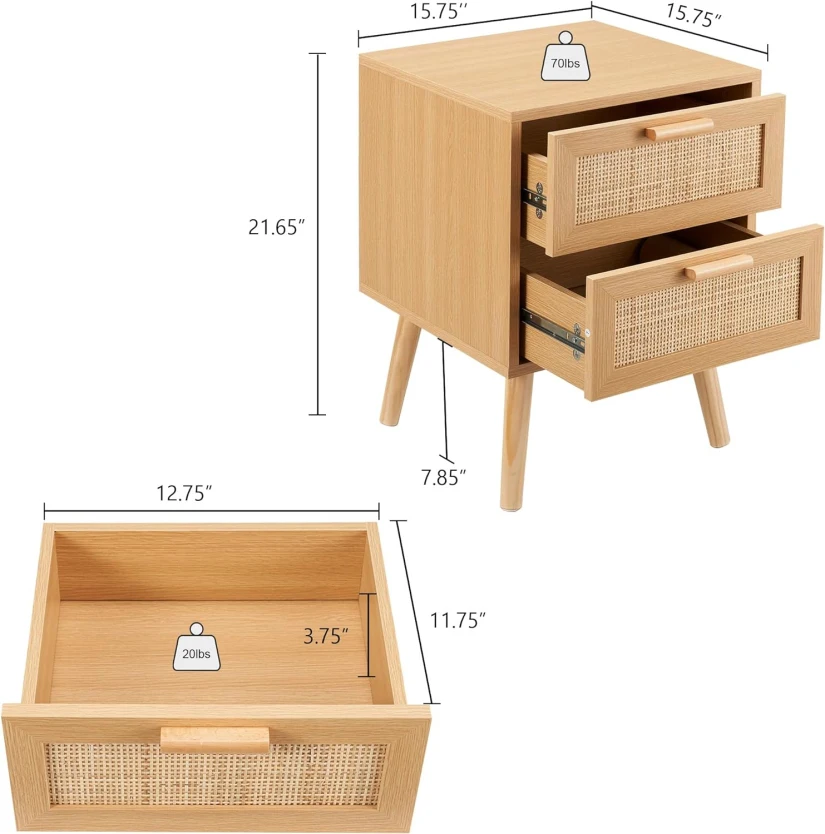 Wholesale bedroom furniture rustic natural wood bedside table nightstand with two rattan drawers