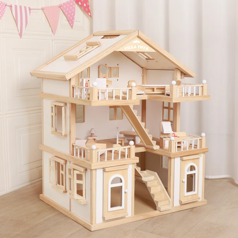 High Quality Amazon Hot Sale Pretend Toy Kids Wooden Doll Villa with Doll Room Furniture Doll House
