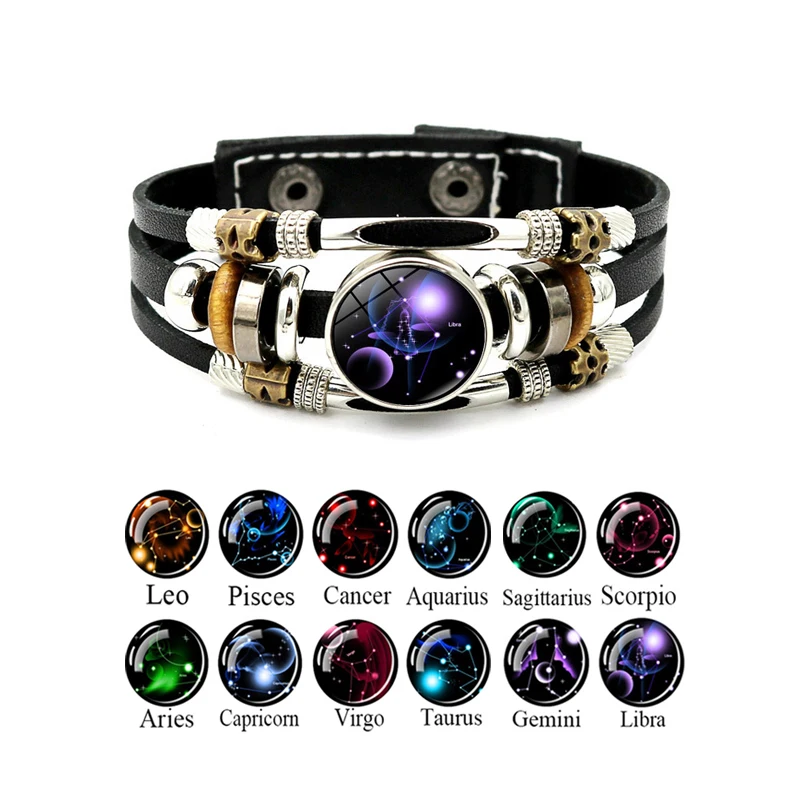 Zodiac Sign Genuine Leather Bracelet Aries Taurus Gemini Cancer Leo Virgo Libra Scorpio Sagittarius Capricorn Aquarius Bracelet