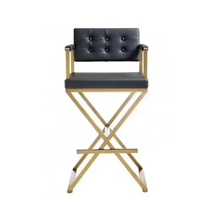 Modern Luxury Hotel Black Genuine/PU Leather Golden Chrome Stainless Steel X Base Leisure Bar Chair