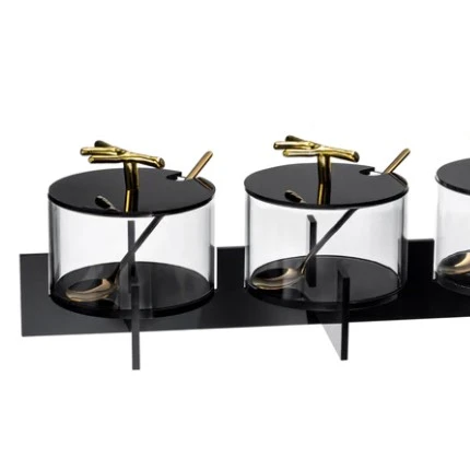 Factory Custom Wholesale Gorgeous  Meta Lucite Twig Dip Black Bowl Set Spoon with metal Table display item